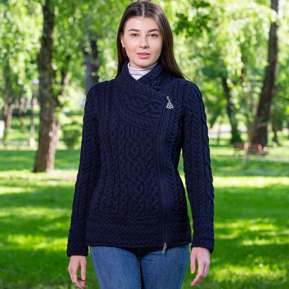 Aran Crafts 100% Merino Wool Cable Knit Zip Cardigan – Navy Blue – Size Large